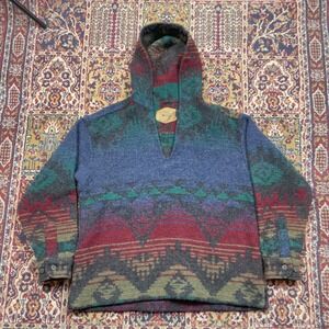 VTG 80s 90s Woolrich Southwest Aztec Stripe Wool Baja Hoodie Gray USA XL Rainbow